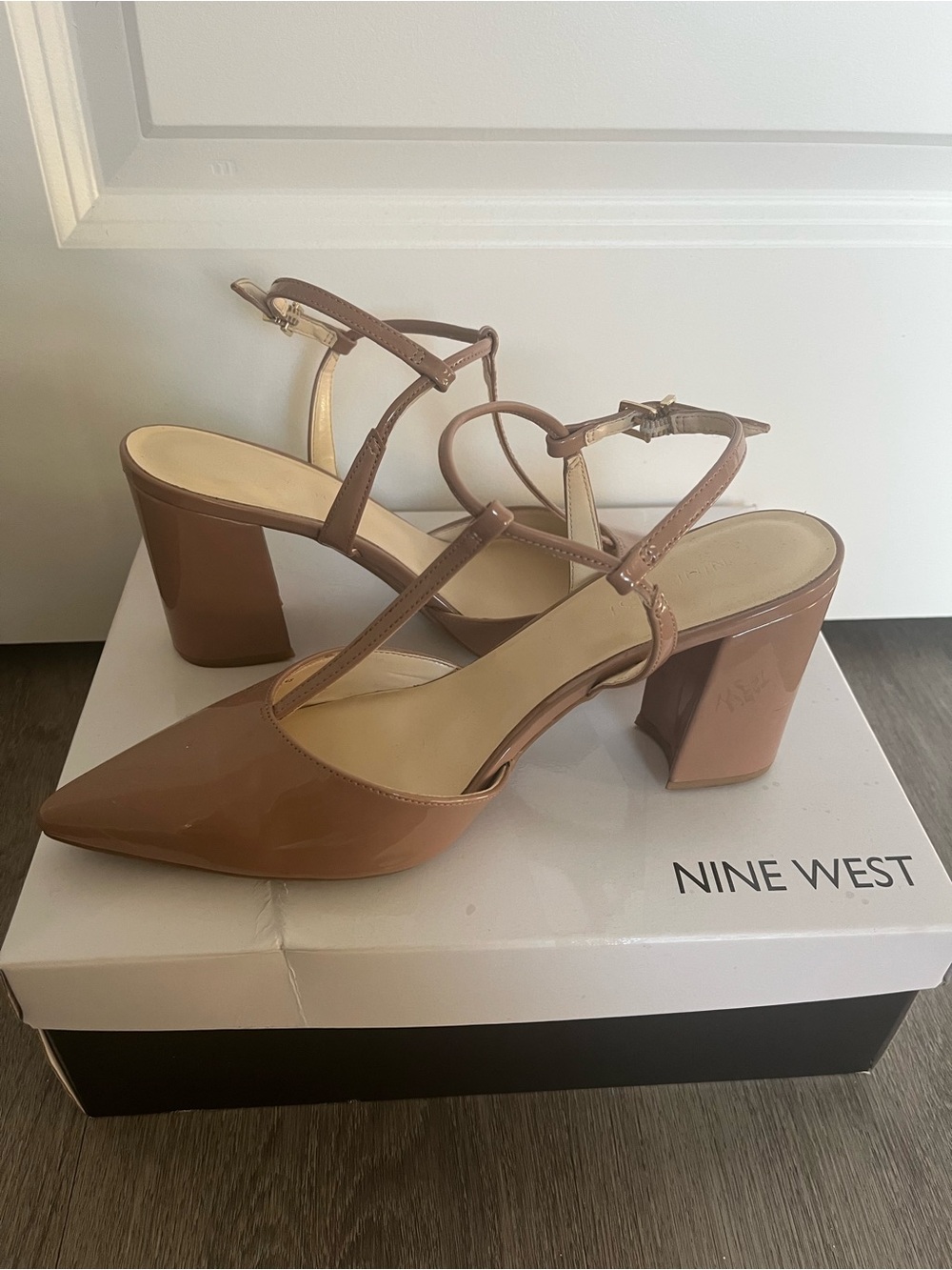 Nine West Patent Nude Brown Pointed Block Heel Sandals